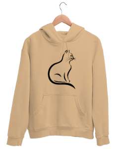 Kedili Kara Kalem Çizgi Özel Tasarım Tatlı Sevimli Kedili Camel Unisex Kapşonlu Sweatshirt