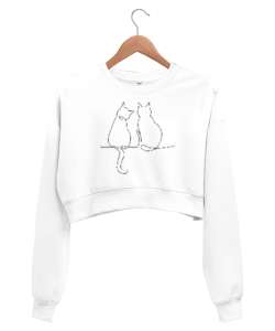 Kedili Kara Kalem İnce Çizgili Zarif Minimalist Özel Tasarım Aşık Çift Sevimli Kedili Beyaz Kadın Crop Sweatshirt