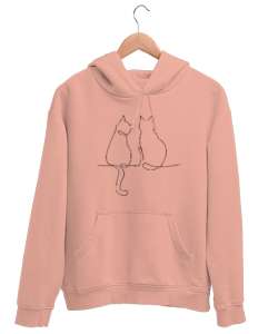 Kedili Kara Kalem İnce Çizgili Zarif Minimalist Özel Tasarım Aşık Çift Sevimli Kedili Yavru Ağzı Unisex Kapşonlu Sweatshirt