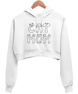 Kedili Kara Kalem İnce Çizgili Zarif Minimalist Özel Tasarım Cat Mom Kedi Anesi Sevimli Kedili Beyaz Kadın Crop Hoodie Kapüşonlu Sweatshirt