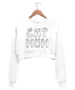 Kedili Kara Kalem İnce Çizgili Zarif Minimalist Özel Tasarım Cat Mom Kedi Anesi Sevimli Kedili Beyaz Kadın Crop Sweatshirt