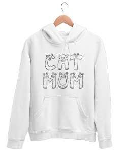 Kedili Kara Kalem İnce Çizgili Zarif Minimalist Özel Tasarım Cat Mom Kedi Anesi Sevimli Kedili Beyaz Unisex Kapşonlu Sweatshirt