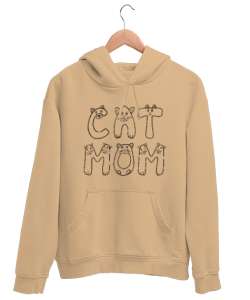 Kedili Kara Kalem İnce Çizgili Zarif Minimalist Özel Tasarım Cat Mom Kedi Anesi Sevimli Kedili Camel Unisex Kapşonlu Sweatshirt