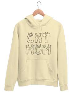 Kedili Kara Kalem İnce Çizgili Zarif Minimalist Özel Tasarım Cat Mom Kedi Anesi Sevimli Kedili Krem Unisex Kapşonlu Sweatshirt