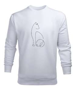 Kedili Kara Kalem İnce Çizgili Zarif Minimalist Özel Tasarım Sevimli Kedili Beyaz Erkek Sweatshirt