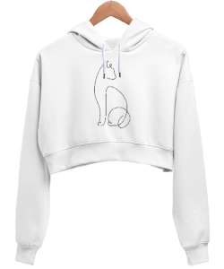 Kedili Kara Kalem İnce Çizgili Zarif Minimalist Özel Tasarım Sevimli Kedili Beyaz Kadın Crop Hoodie Kapüşonlu Sweatshirt