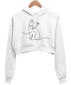 Kedili Kara Kalem İnce Çizgili Zarif Minimalist Özel Tasarım Sevimli Kedili Beyaz Kadın Crop Hoodie Kapüşonlu Sweatshirt