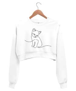 Kedili Kara Kalem İnce Çizgili Zarif Minimalist Özel Tasarım Sevimli Kedili Beyaz Kadın Crop Sweatshirt