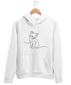 Kedili Kara Kalem İnce Çizgili Zarif Minimalist Özel Tasarım Sevimli Kedili Beyaz Unisex Kapşonlu Sweatshirt