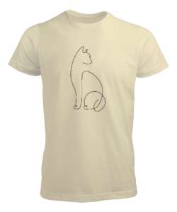 Kedili Kara Kalem İnce Çizgili Zarif Minimalist Özel Tasarım Sevimli Kedili Krem Erkek Tişört