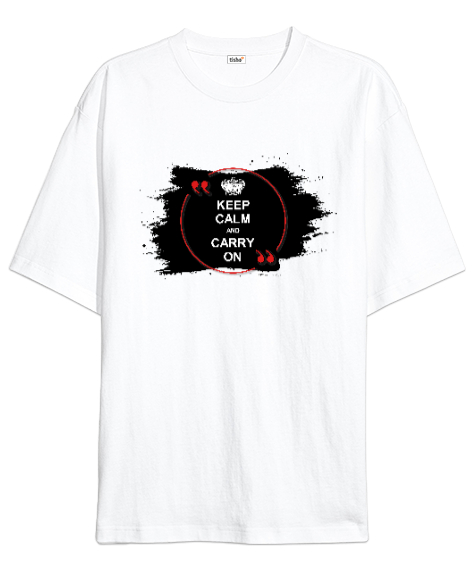 Keep Calm And Carry On Beyaz Oversize Unisex Tişört