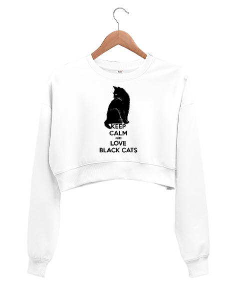 Keep Calm And Love Black Cat Beyaz Kadın Crop Sweatshirt