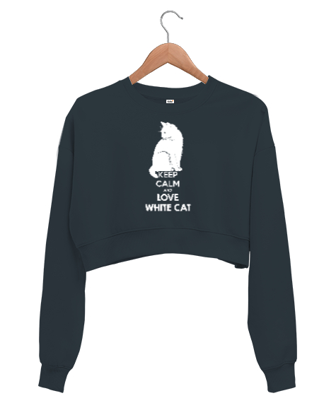 Keep Calm And Love White Cat Füme Kadın Crop Sweatshirt