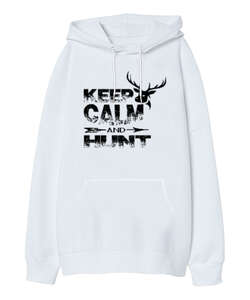 Keep Calm Hunt Beyaz Oversize Unisex Kapüşonlu Sweatshirt