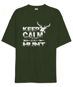 Keep Calm Hunt Haki Yeşili Oversize Unisex Tişört