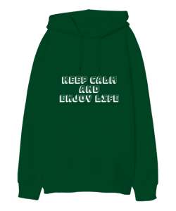 Keep calm temalı Çimen Yeşili Oversize Unisex Kapüşonlu Sweatshirt