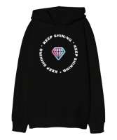 KEEP SHİNİNG BLACK Siyah Oversize Unisex Kapüşonlu Sweatshirt - Thumbnail