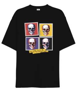 Keep Smiling - Retro Pul - Skull - Gülen Kafatası Siyah Oversize Unisex Tişört