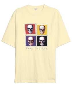 Keep Smiling - Retro Pul - Skull - Gülen Kafatası V2 Krem Oversize Unisex Tişört