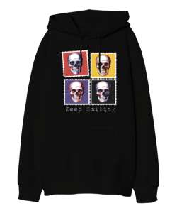 Keep Smiling - Retro Pul - Skull - Gülen Kafatası V2 Siyah Oversize Unisex Kapüşonlu Sweatshirt