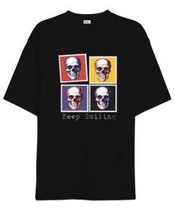 Keep Smiling - Retro Pul - Skull - Gülen Kafatası V2 Siyah Oversize Unisex Tişört