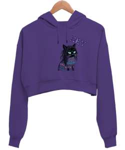 Kefi Mor Kadın Crop Hoodie Kapüşonlu Sweatshirt