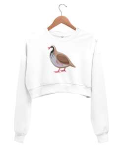 Keklik kuşu baskılı Beyaz Kadın Crop Sweatshirt