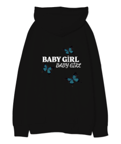 Kelebek Baskılı Baby Girl Siyah Oversize Unisex Kapüşonlu Sweatshirt