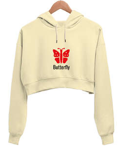 Kelebek Baskılı Krem Kadın Crop Hoodie Kapüşonlu Sweatshirt