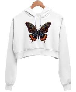 kelebek Beyaz Kadın Crop Hoodie Kapüşonlu Sweatshirt