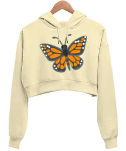 Kelebek Krem Kadın Crop Hoodie Kapüşonlu Sweatshirt