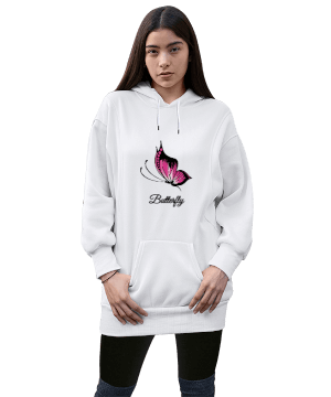 Kelebek Tasarımı Kadın Uzun Hoodie Kapüşonlu Sweatshirt