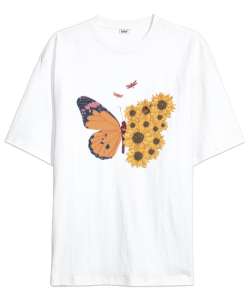 Kelebek ve Çiçekler Özel Tasarım Beyaz Oversize Unisex Tişört