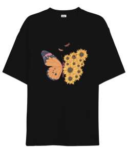 Kelebek ve Çiçekler Özel Tasarım Siyah Oversize Unisex Tişört