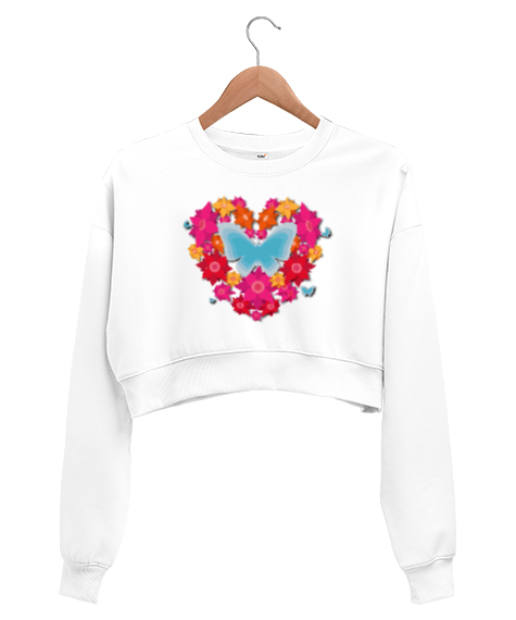 Tisho - KELEBEKLER VE ÇİÇEKLER Beyaz Kadın Crop Sweatshirt