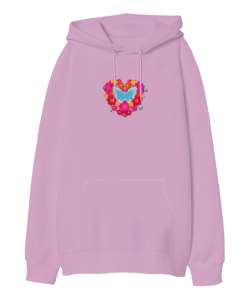 KELEBEKLER VE ÇİÇEKLER Pembe Oversize Unisex Kapüşonlu Sweatshirt