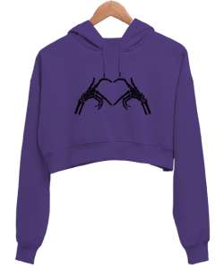 Kemik kalp Mor Kadın Crop Hoodie Kapüşonlu Sweatshirt