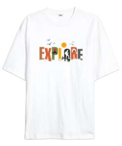 Keşfet - Explore Beyaz Oversize Unisex Tişört