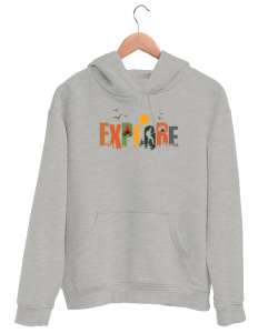 Keşfet - Explore Gri Unisex Kapşonlu Sweatshirt