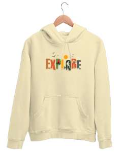 Keşfet - Explore Krem Unisex Kapşonlu Sweatshirt