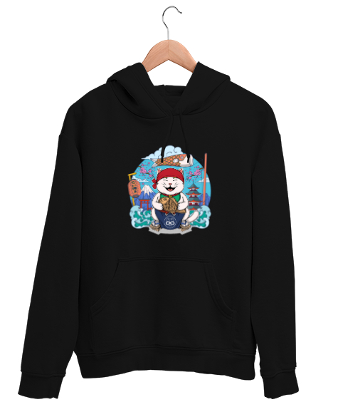 Tisho - Keyifli Uzak Doğulu Balıkçı Kedi - Cat Siyah Unisex Kapşonlu Sweatshirt