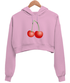 Kiraz Baskılı Kadın Crop Hoodie Kapüşonlu Sweatshirt