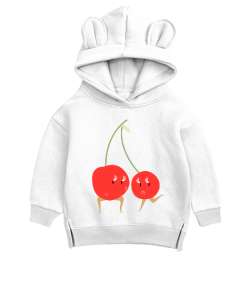 Kiraz Beyaz Unisex Çocuk Ayı Hoodie Kapşonlu