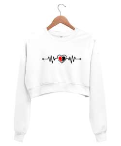 Kırık Kalp Ritmi Beyaz Kadın Crop Sweatshirt