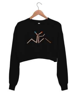 Kırık Kibrit Çöpleri Siyah Kadın Crop Sweatshirt