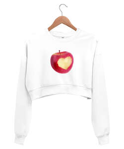 Kırmızı Aşk Elma Beyaz Kadın Crop Sweatshirt