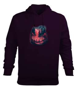 Kırmızı Çam Ormanı Koyu Mor Erkek Kapüşonlu Hoodie Sweatshirt