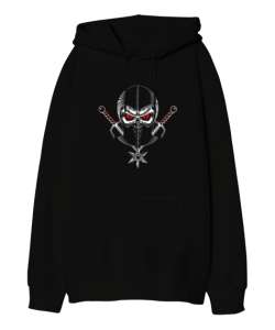 Kırmızı gözlü ninja baskılı Siyah Oversize Unisex Kapüşonlu Sweatshirt