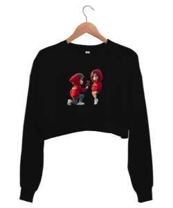 Kırmızı gül Siyah Kadın Crop Sweatshirt