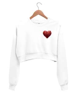 Kırmızı kalp Beyaz Kadın Crop Sweatshirt